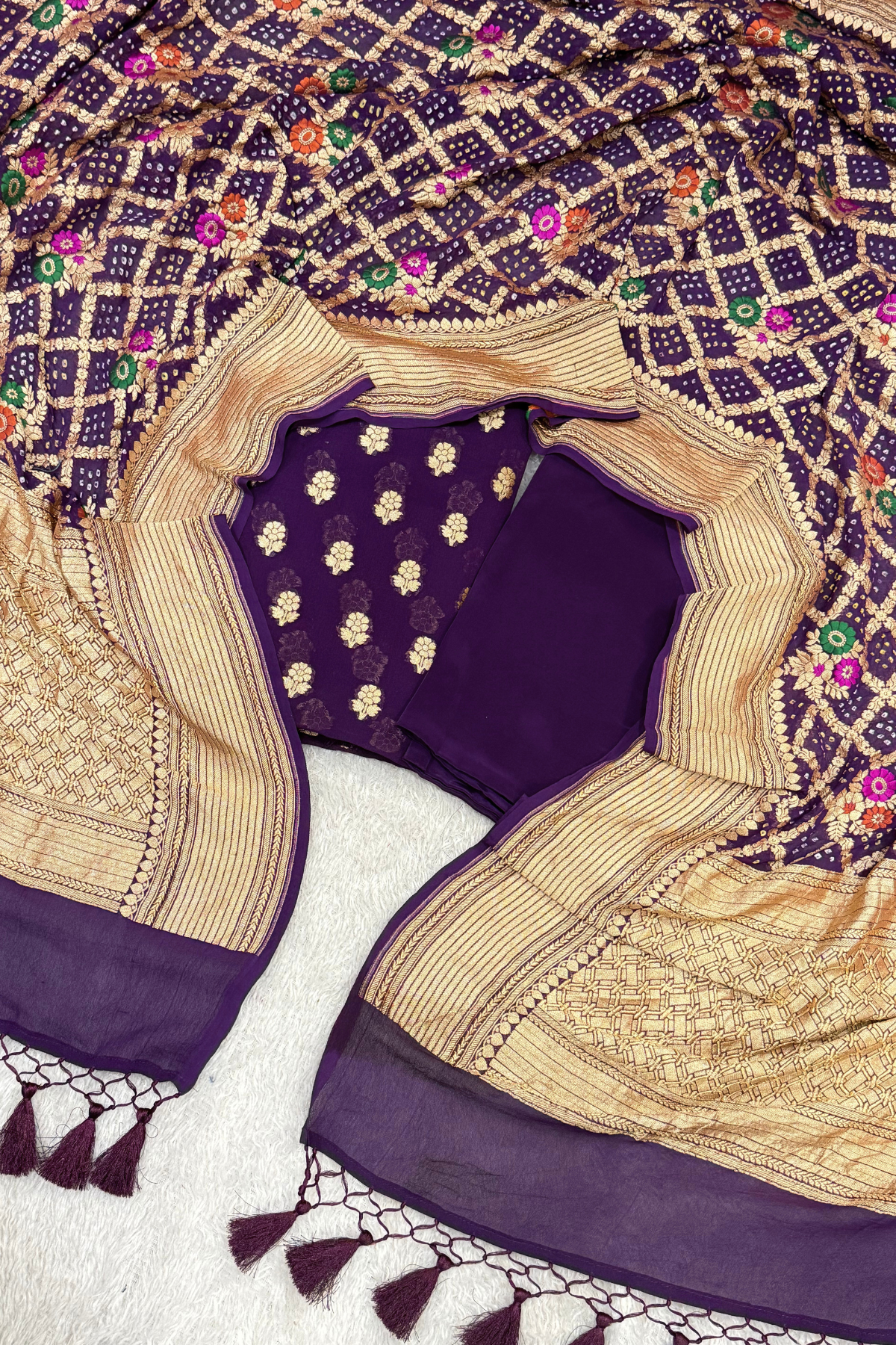 Pure khaddi georgette meenakari bandhej -  Purple Wine