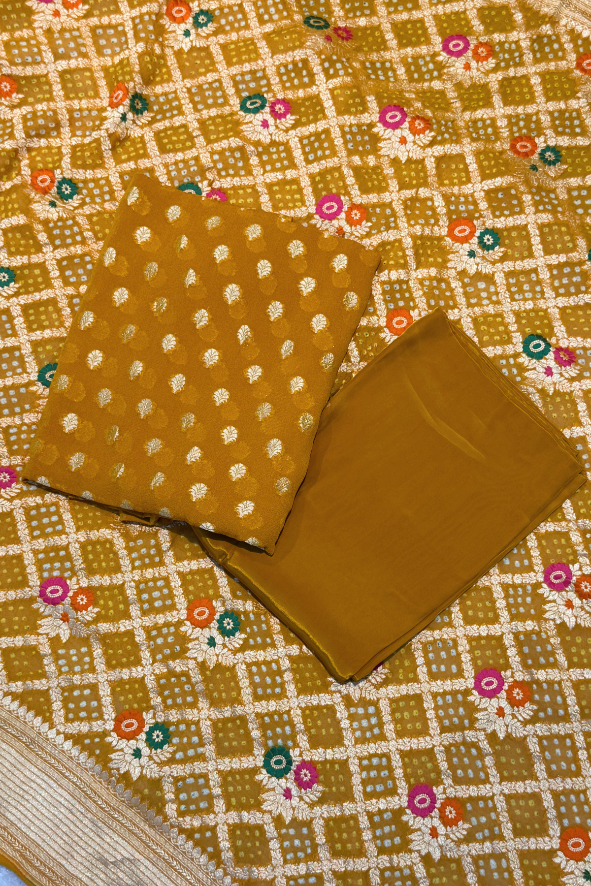 Pure khaddi georgette meenakari bandhej -  Mustard Yellow