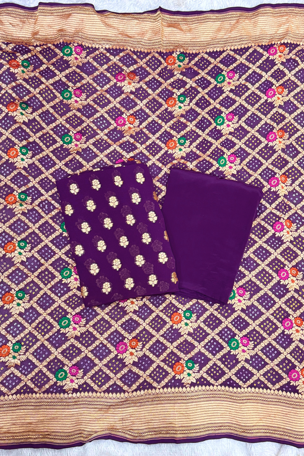 Pure khaddi georgette meenakari bandhej -  Purple Wine