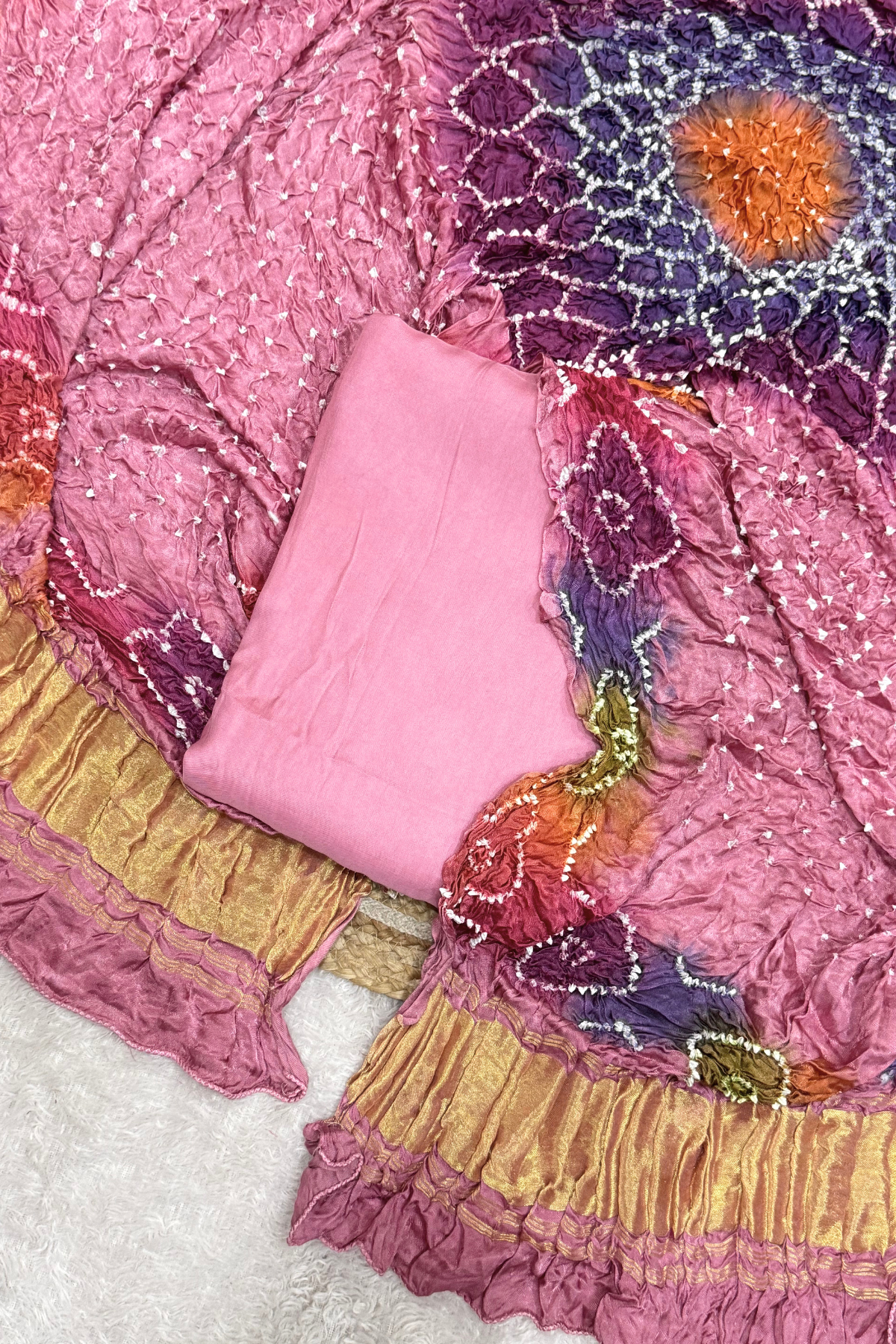 Plain modal suit set with colorful bandhej dupatta - Pastel Pink