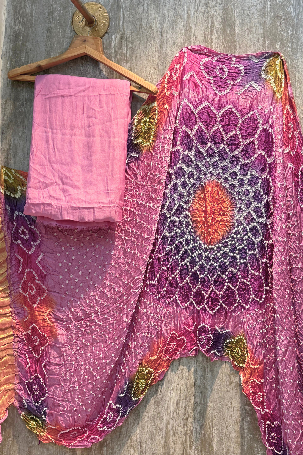 Plain modal suit set with colorful bandhej dupatta - Pastel Pink