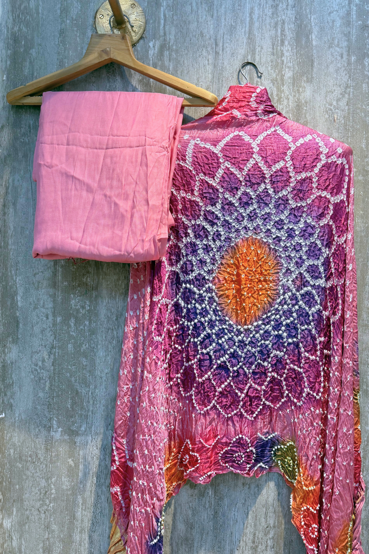 Plain modal suit set with colorful bandhej dupatta - Pastel Pink
