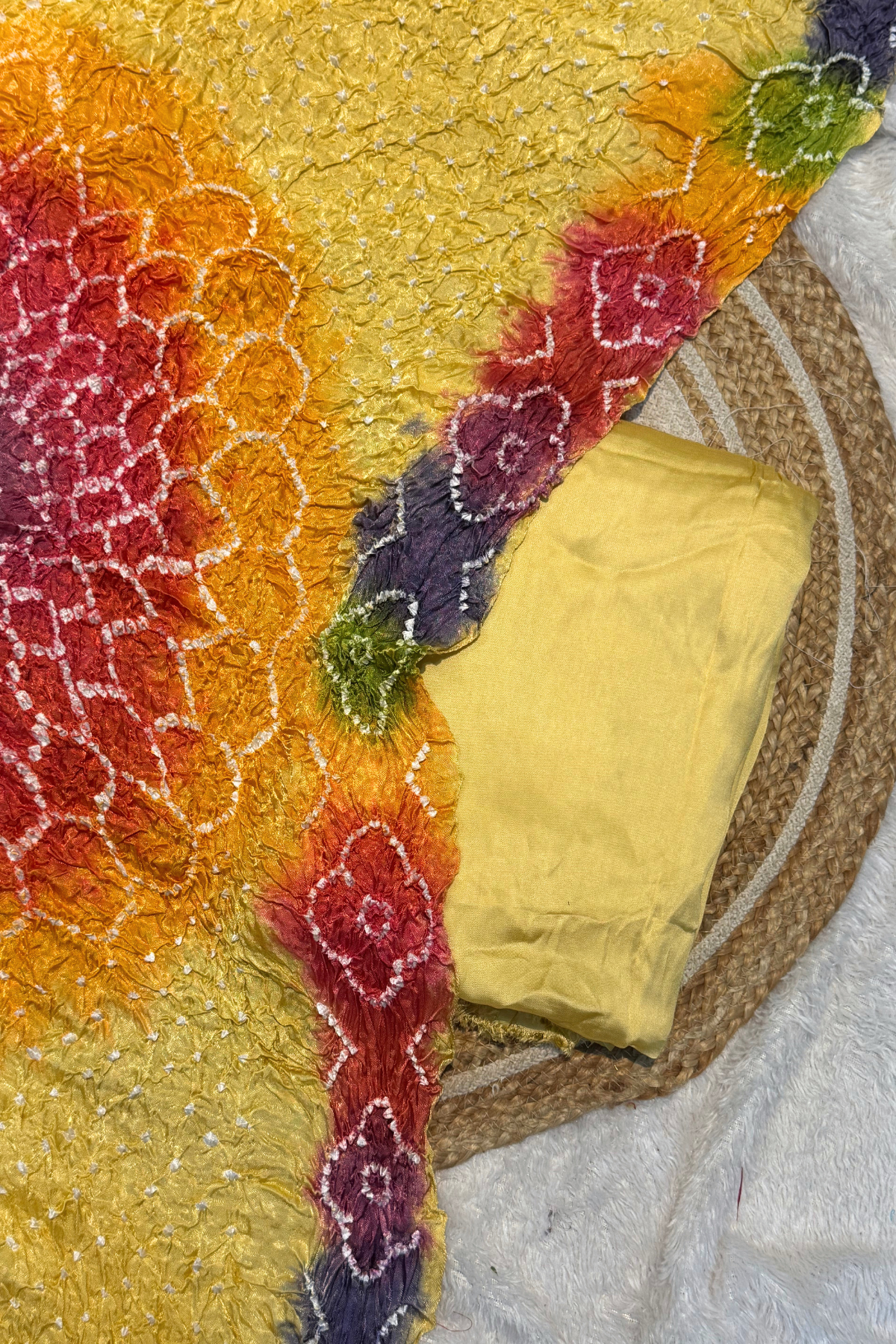 Plain modal suit set with colorful bandhej dupatta - Pastel Yellow