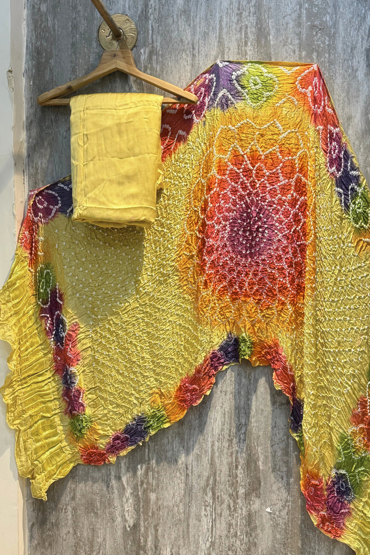 Plain modal suit set with colorful bandhej dupatta - Pastel Yellow