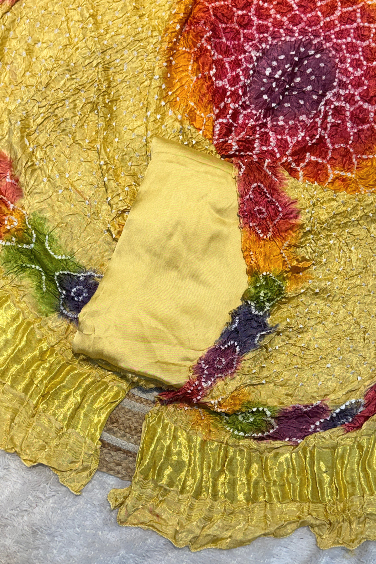 Plain modal suit set with colorful bandhej dupatta - Pastel Yellow
