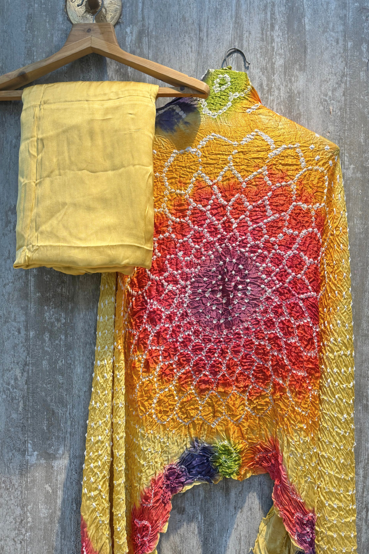 Plain modal suit set with colorful bandhej dupatta - Pastel Yellow