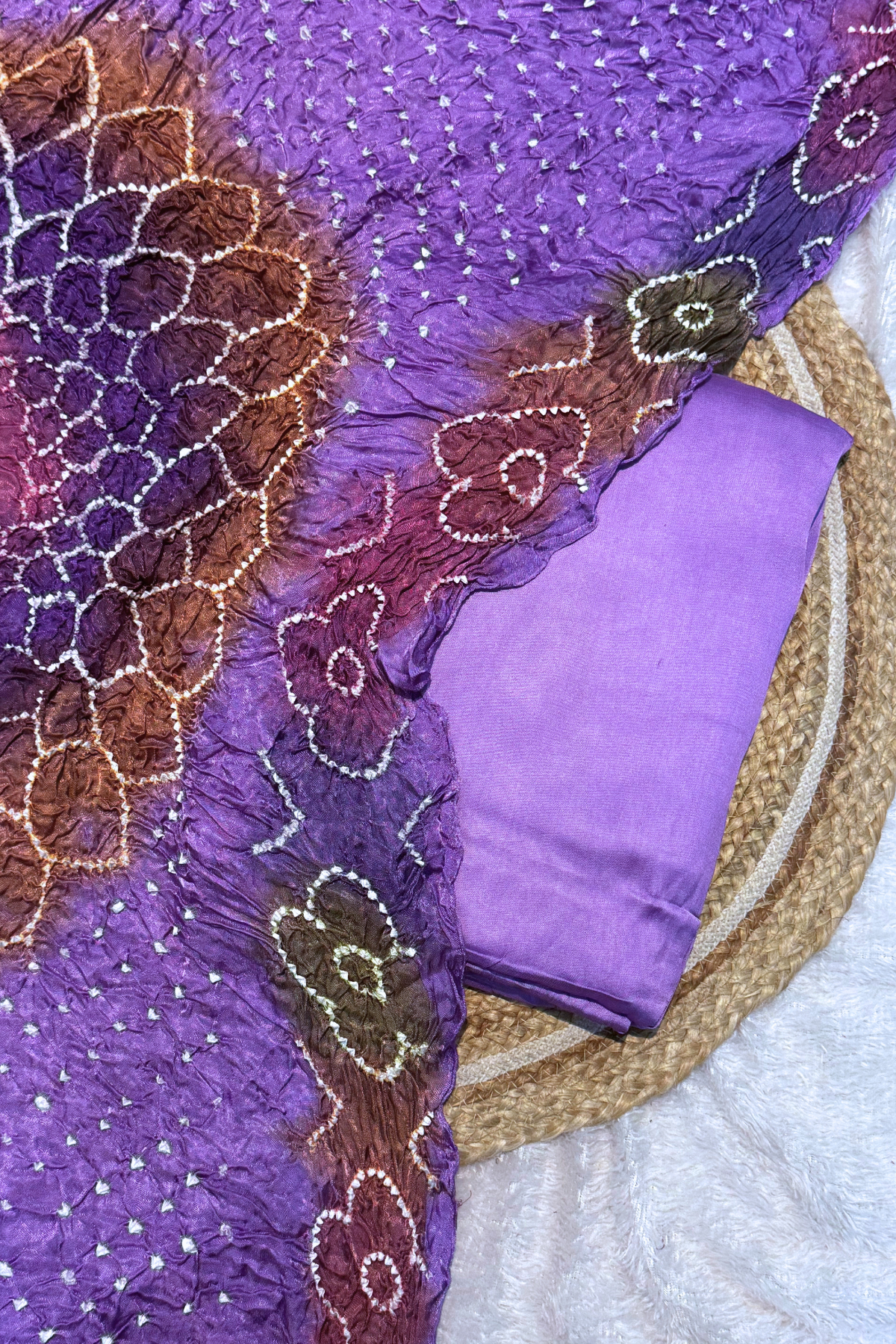 Plain modal suit set with colorful bandhej dupatta - Pastel Purple