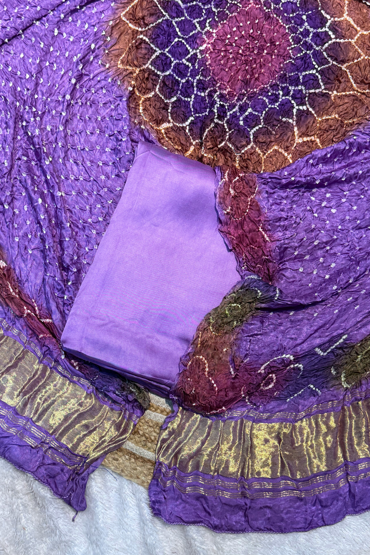 Plain modal suit set with colorful bandhej dupatta - Pastel Purple