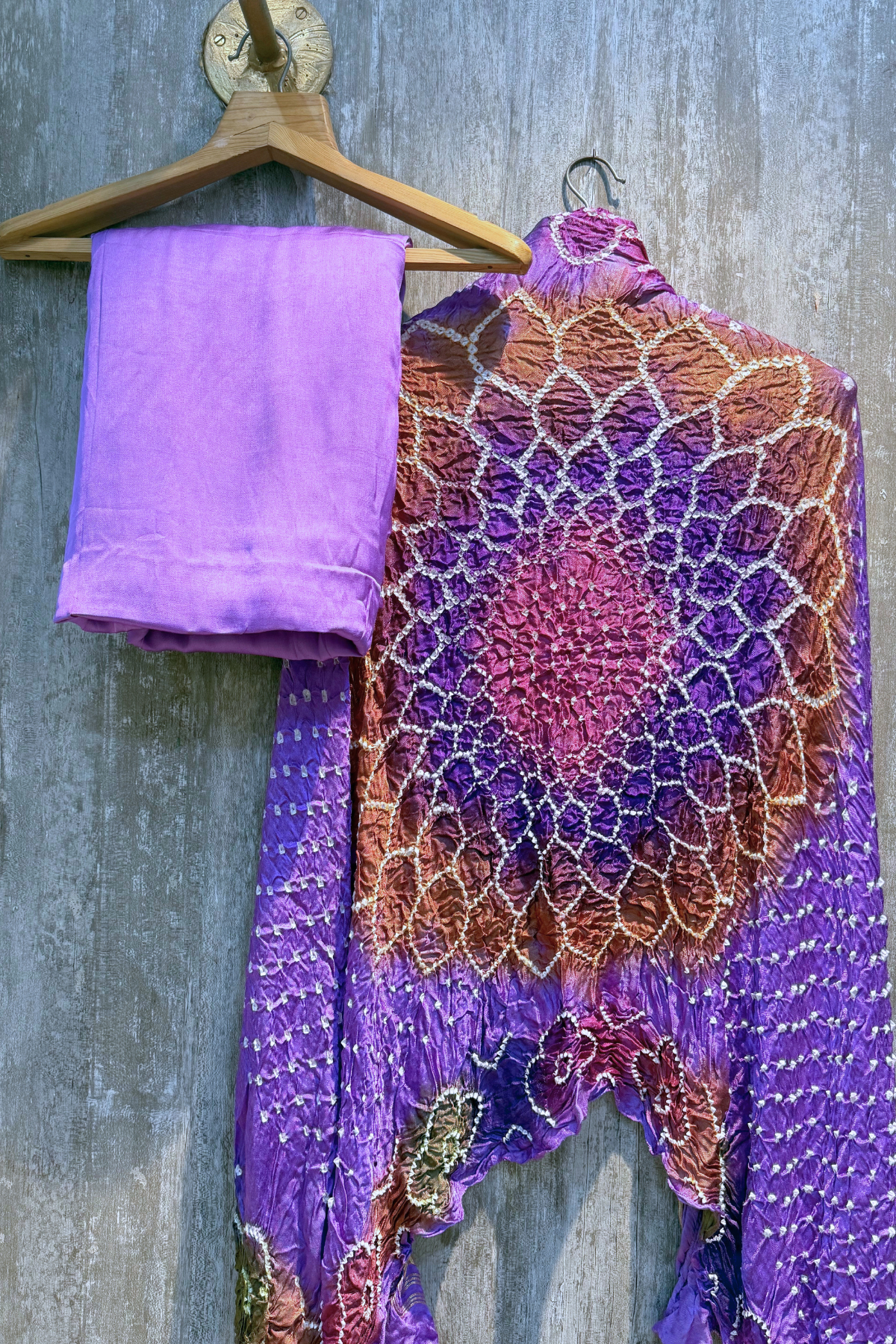 Plain modal suit set with colorful bandhej dupatta - Pastel Purple