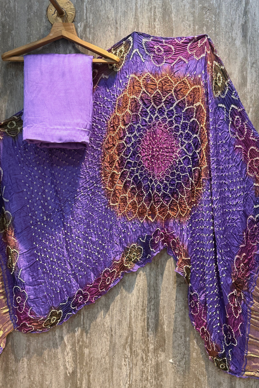 Plain modal suit set with colorful bandhej dupatta - Pastel Purple