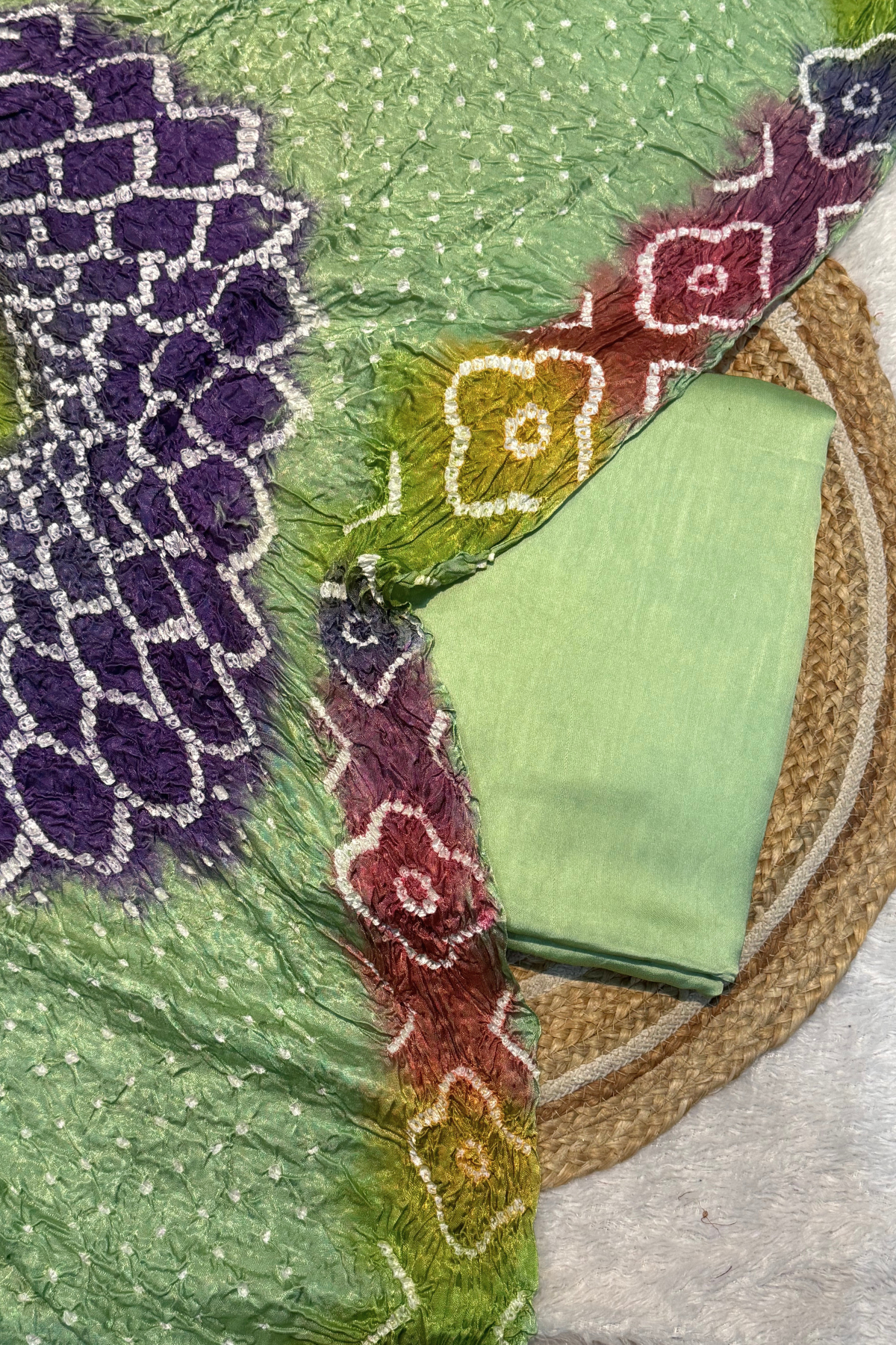 Plain modal suit set with colorful bandhej dupatta - Light Pastel green
