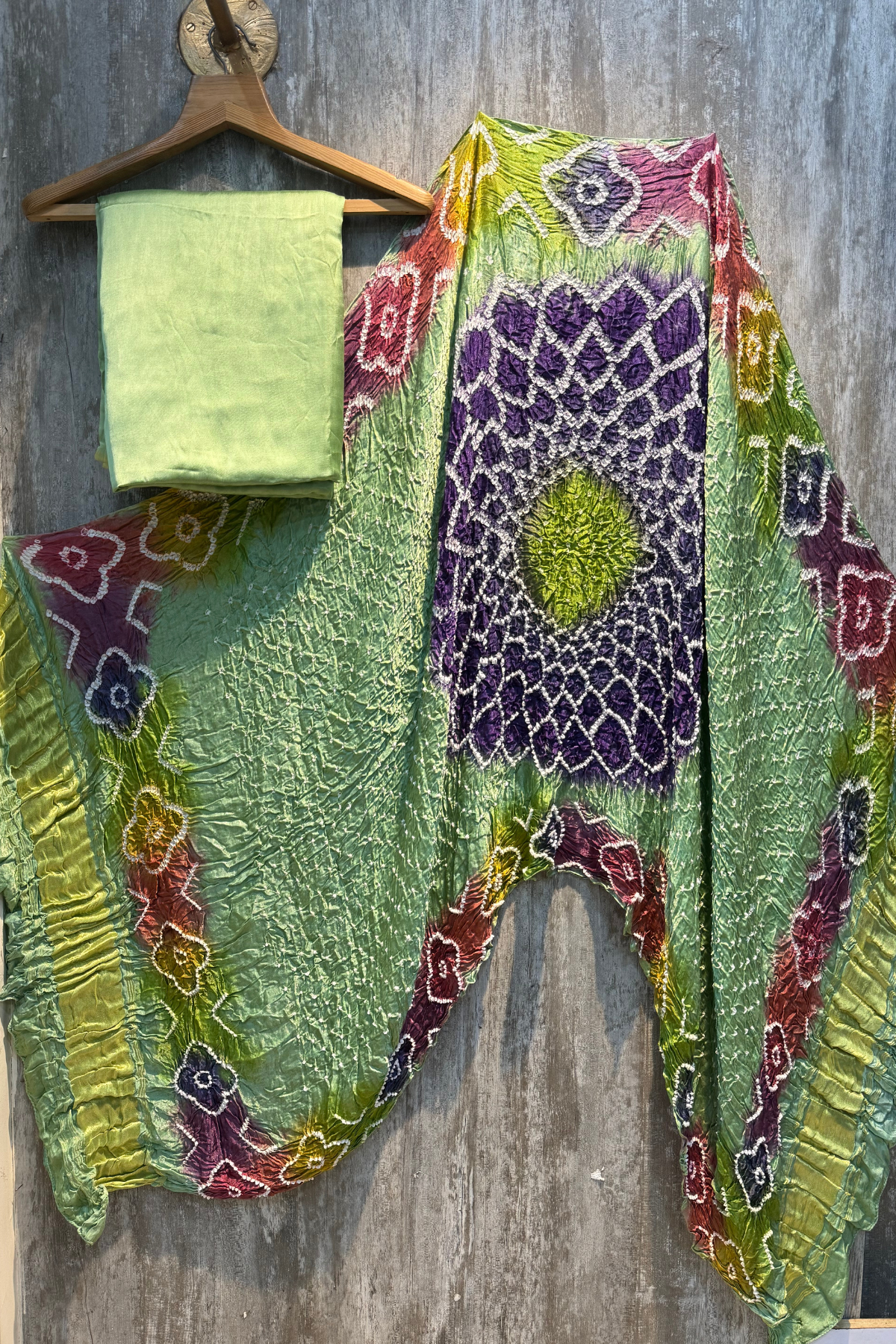 Plain modal suit set with colorful bandhej dupatta - Light Pastel green