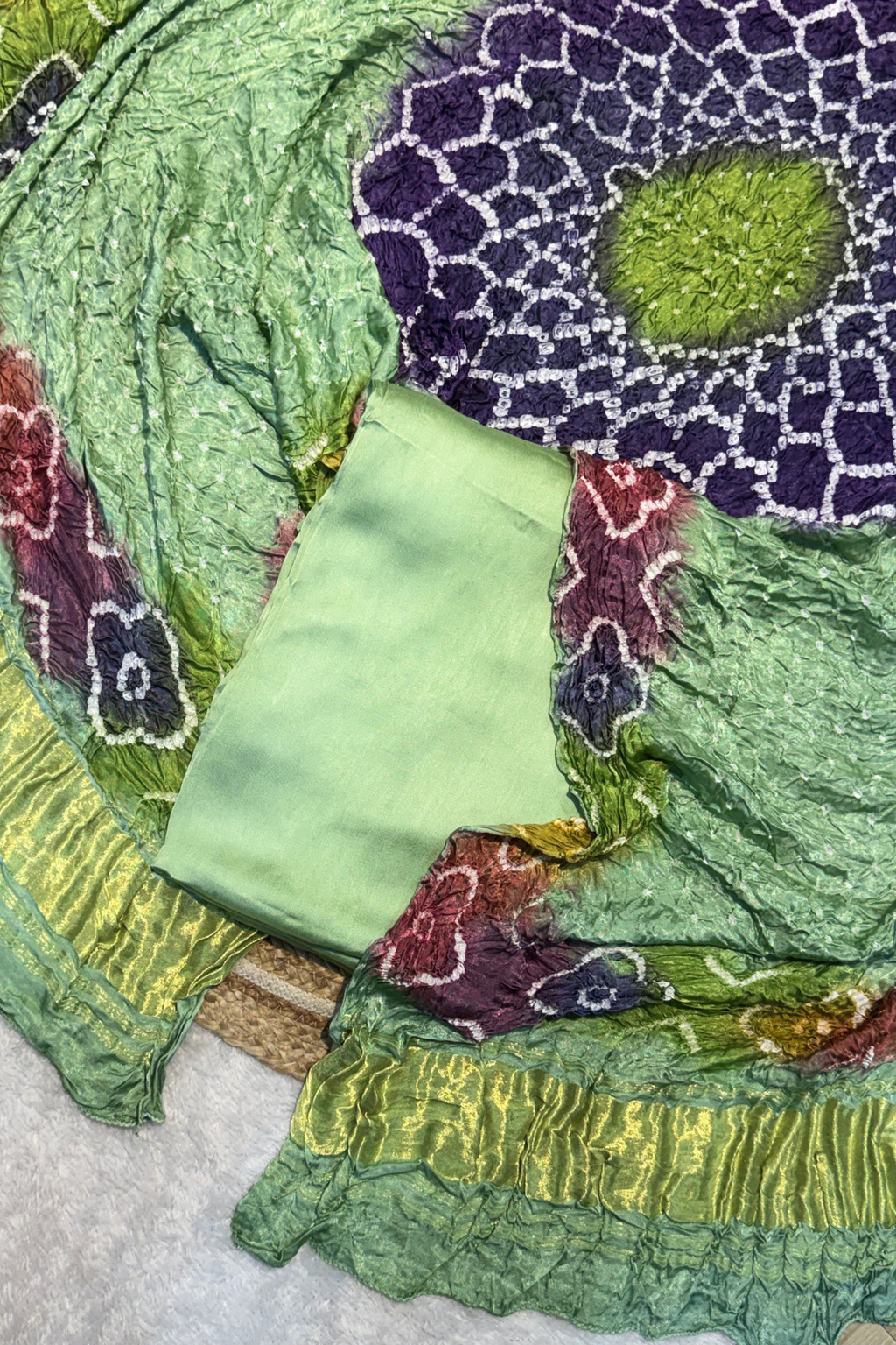 Plain modal suit set with colorful bandhej dupatta - Light Pastel green