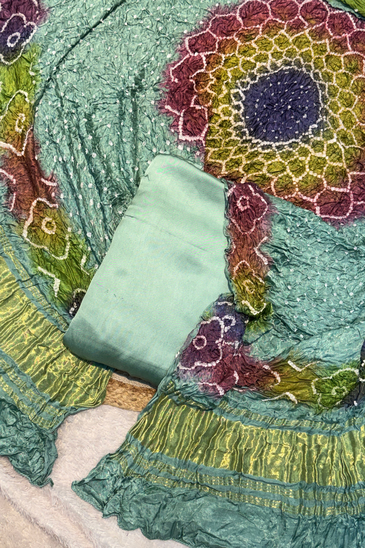Plain modal suit set with colorful bandhej dupatta - Pastel Green