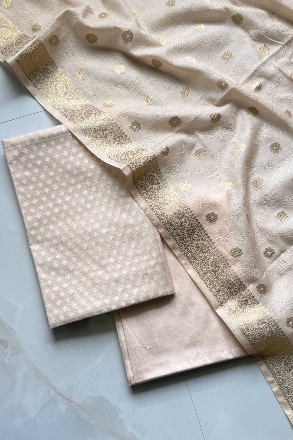 Pure Mul Chanderi With Kadwa Weaving - Cream Golden