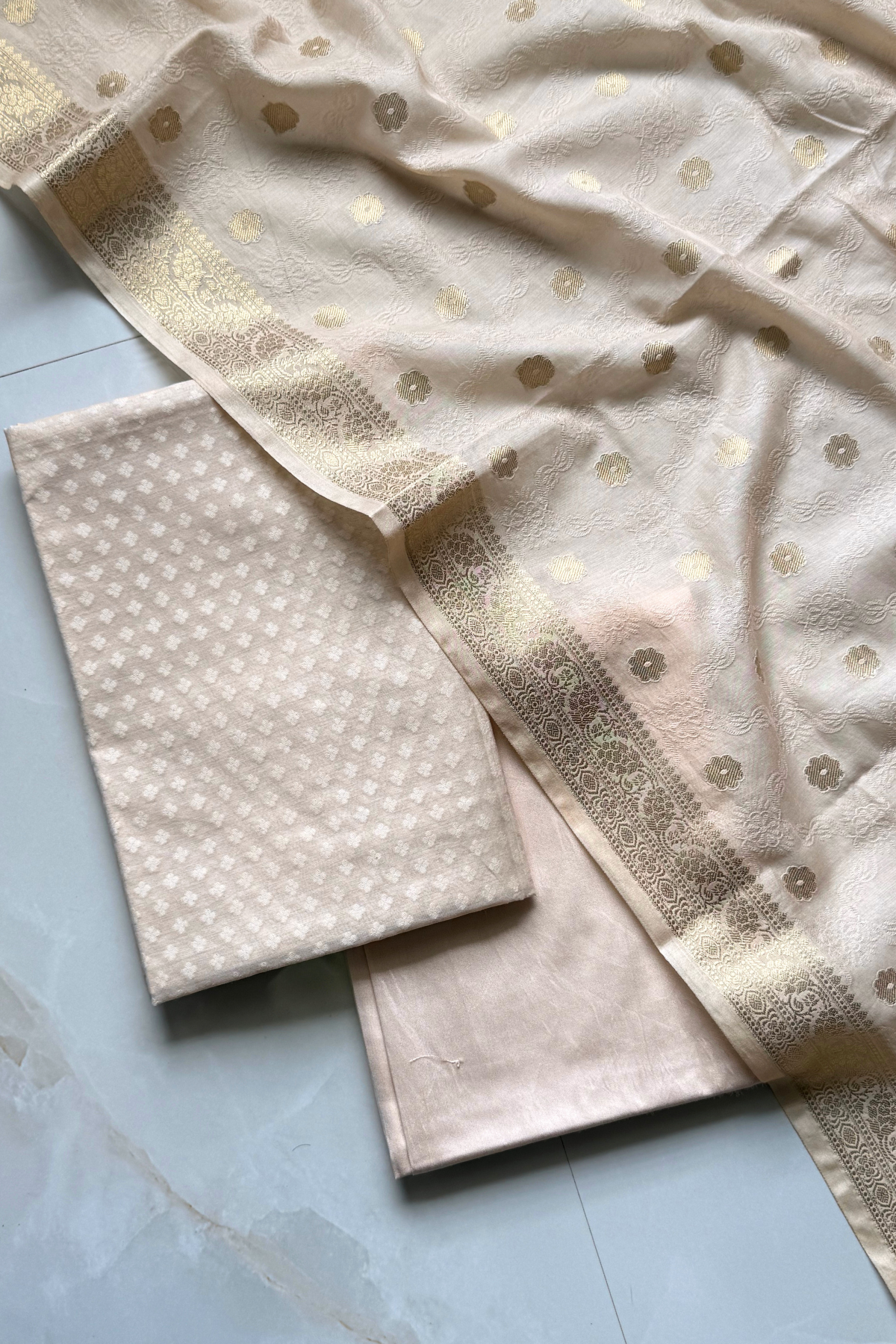 Pure Mul Chanderi With Kadwa Weaving - Cream Golden