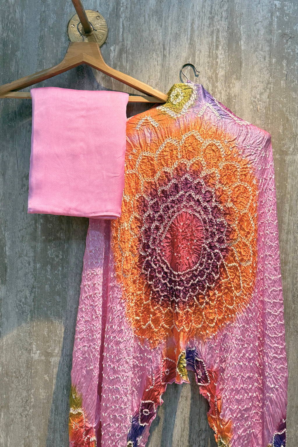 Plain modal suit set with colorful bandhej dupatta - Baby Pink