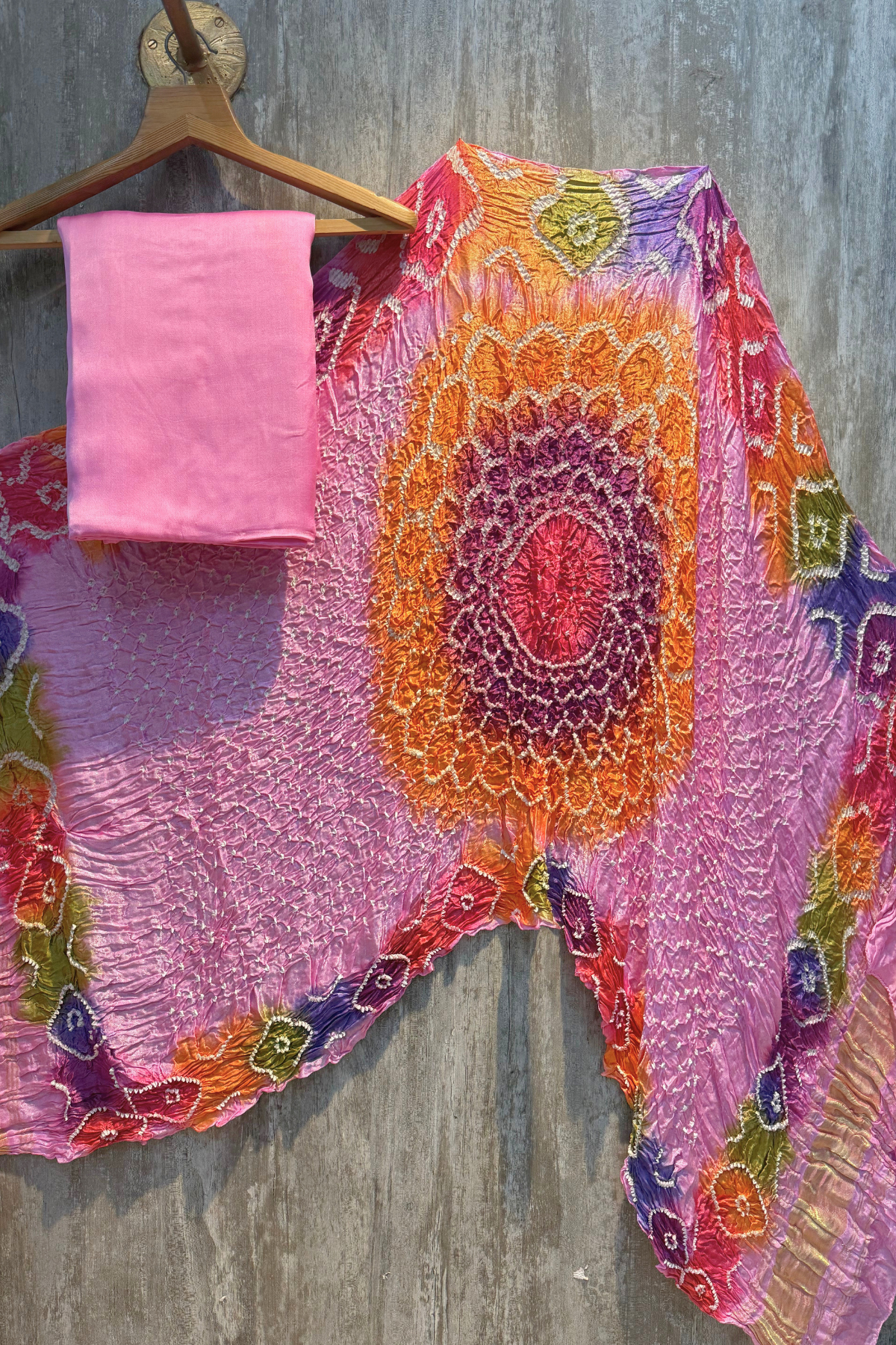 Plain modal suit set with colorful bandhej dupatta - Baby Pink