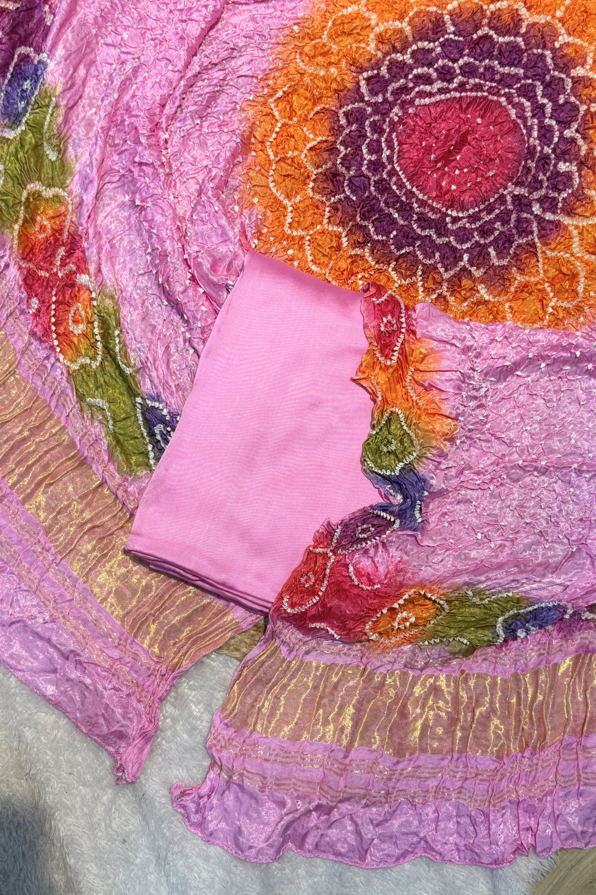 Plain modal suit set with colorful bandhej dupatta - Baby Pink
