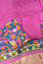 Bandhej With Kalamkari Print - 3 pc Unstiched Suit Set - Neon pink