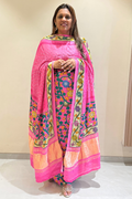 Bandhej With Kalamkari Print - 3 pc Unstiched Suit Set - Neon pink