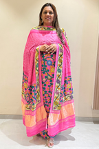 Bandhej With Kalamkari Print - 3 pc Unstiched Suit Set - Neon pink