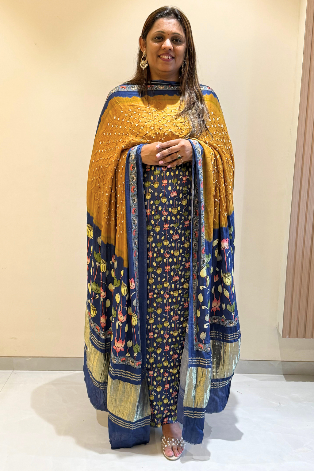Bandhej With Kalamkari Print - 3 pc Unstiched Suit Set - Navy Blue & Mustard yellow