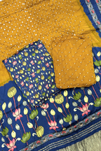 Bandhej With Kalamkari Print - 3 pc Unstiched Suit Set - Navy Blue & Mustard yellow