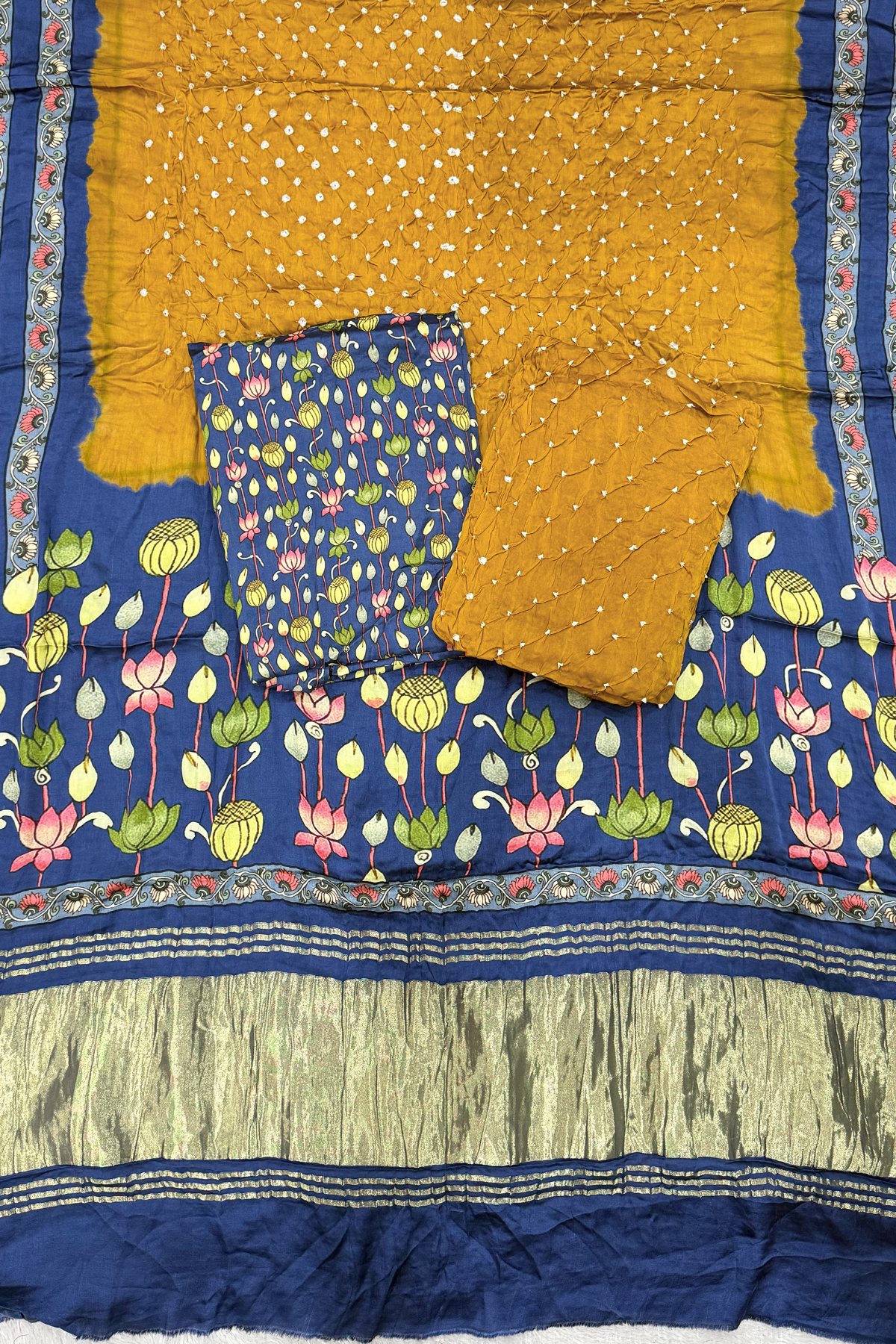 Bandhej With Kalamkari Print - 3 pc Unstiched Suit Set - Navy Blue & Mustard yellow