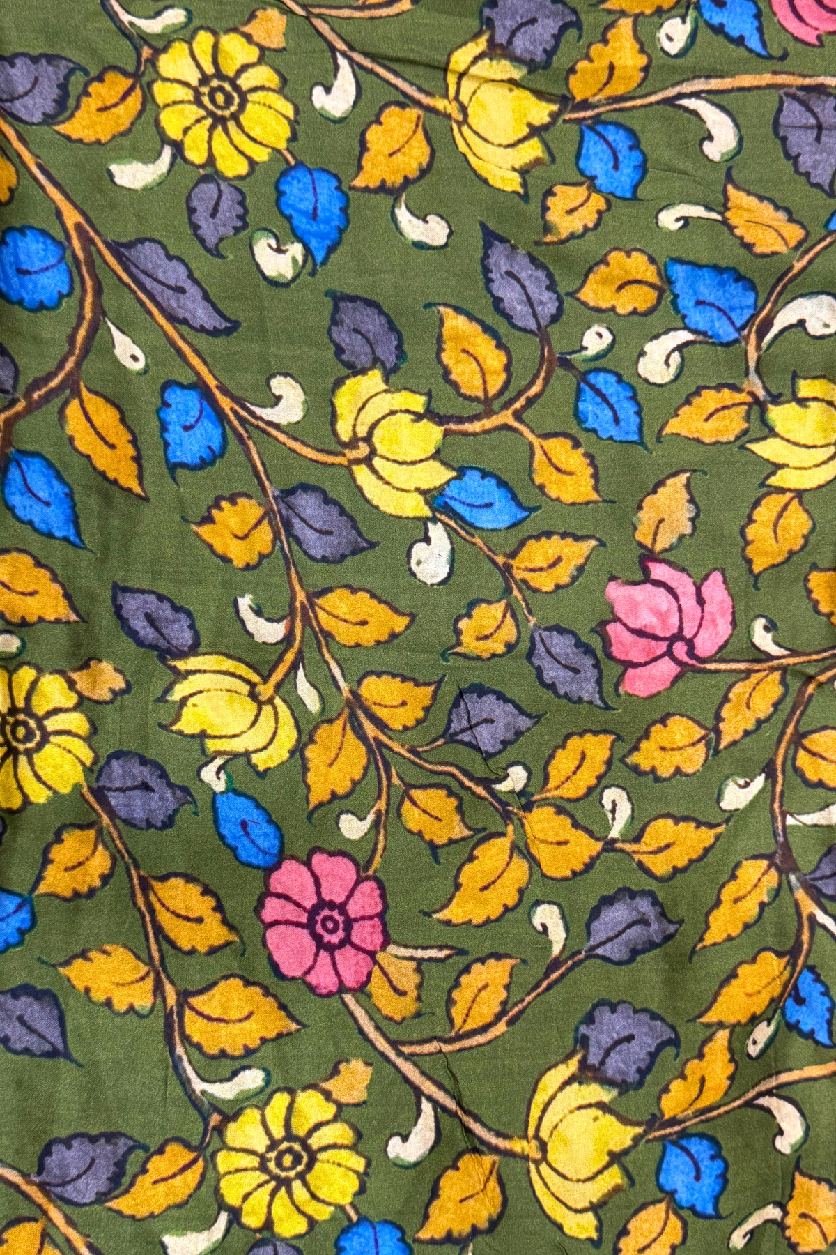 Bandhej With Kalamkari Print - 3 pc Unstiched Suit Set - Olive Green & Blue