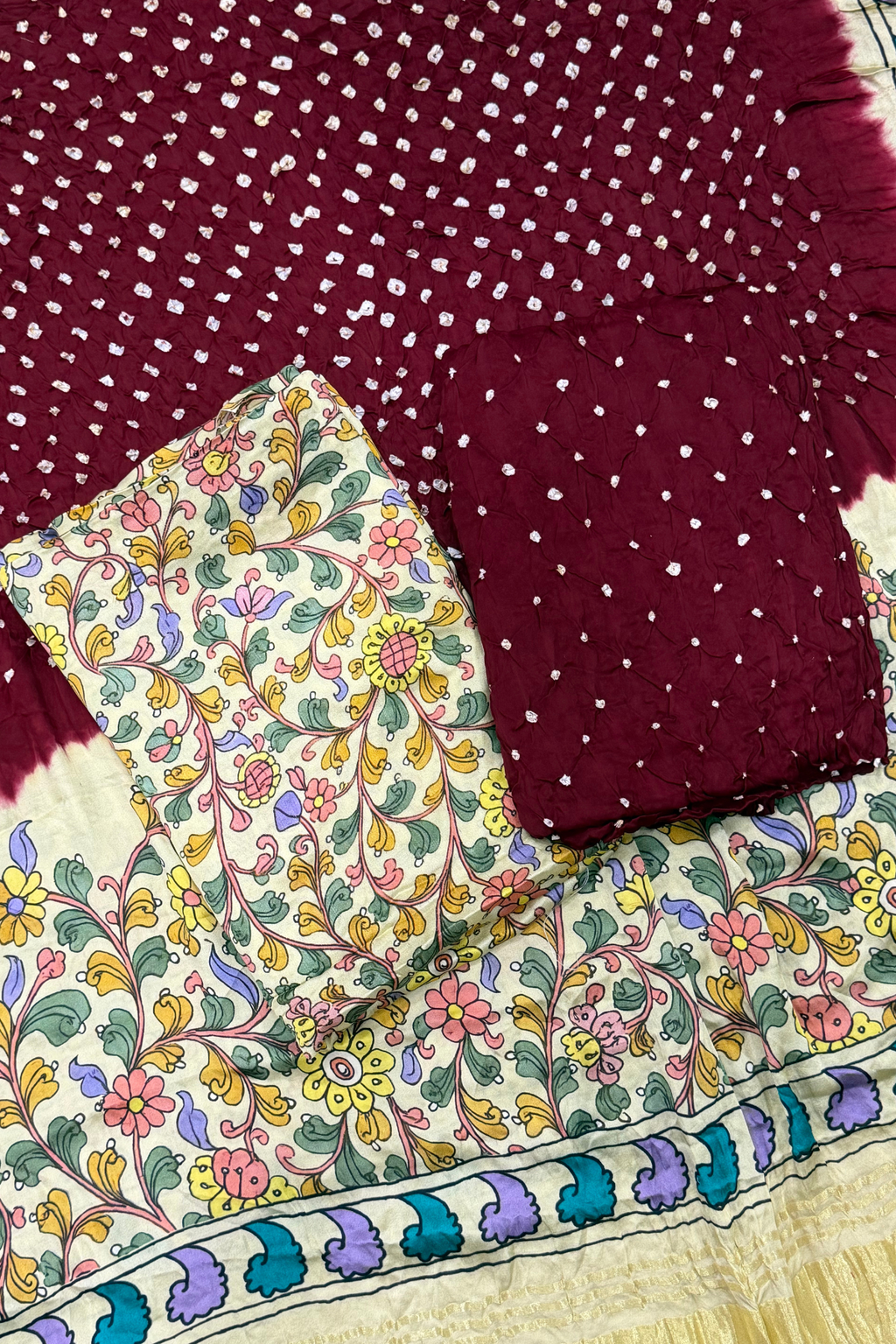 Bandhej With Kalamkari Print - 3 pc Unstiched Suit Set - Maroon & Creme