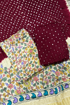 Bandhej With Kalamkari Print - 3 pc Unstiched Suit Set - Maroon & Creme