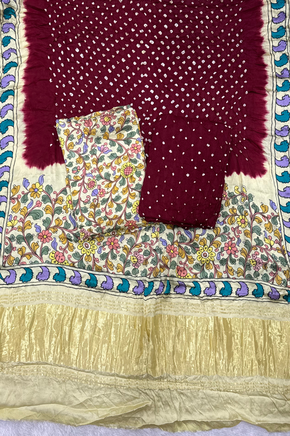 Bandhej With Kalamkari Print - 3 pc Unstiched Suit Set - Maroon & Creme
