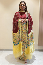 Bandhej With Kalamkari Print - 3 pc Unstiched Suit Set - Maroon & Creme