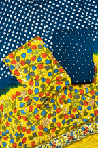 Bandhej With Kalamkari Print - 3 pc Unstiched Suit Set - Yellow & Peacock blue
