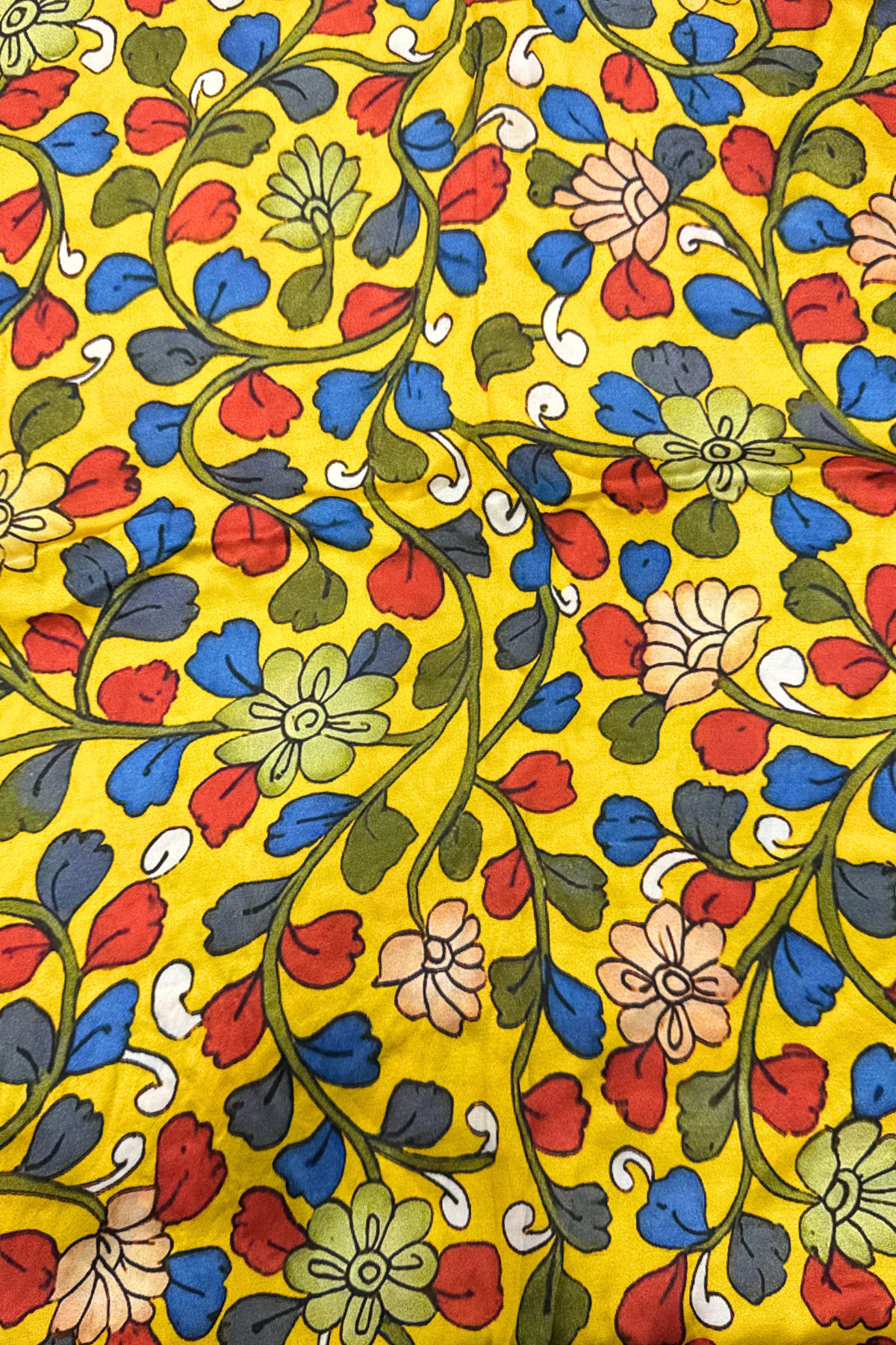 Bandhej With Kalamkari Print - 3 pc Unstiched Suit Set - Yellow & Peacock blue
