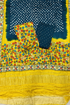 Bandhej With Kalamkari Print - 3 pc Unstiched Suit Set - Yellow & Peacock blue