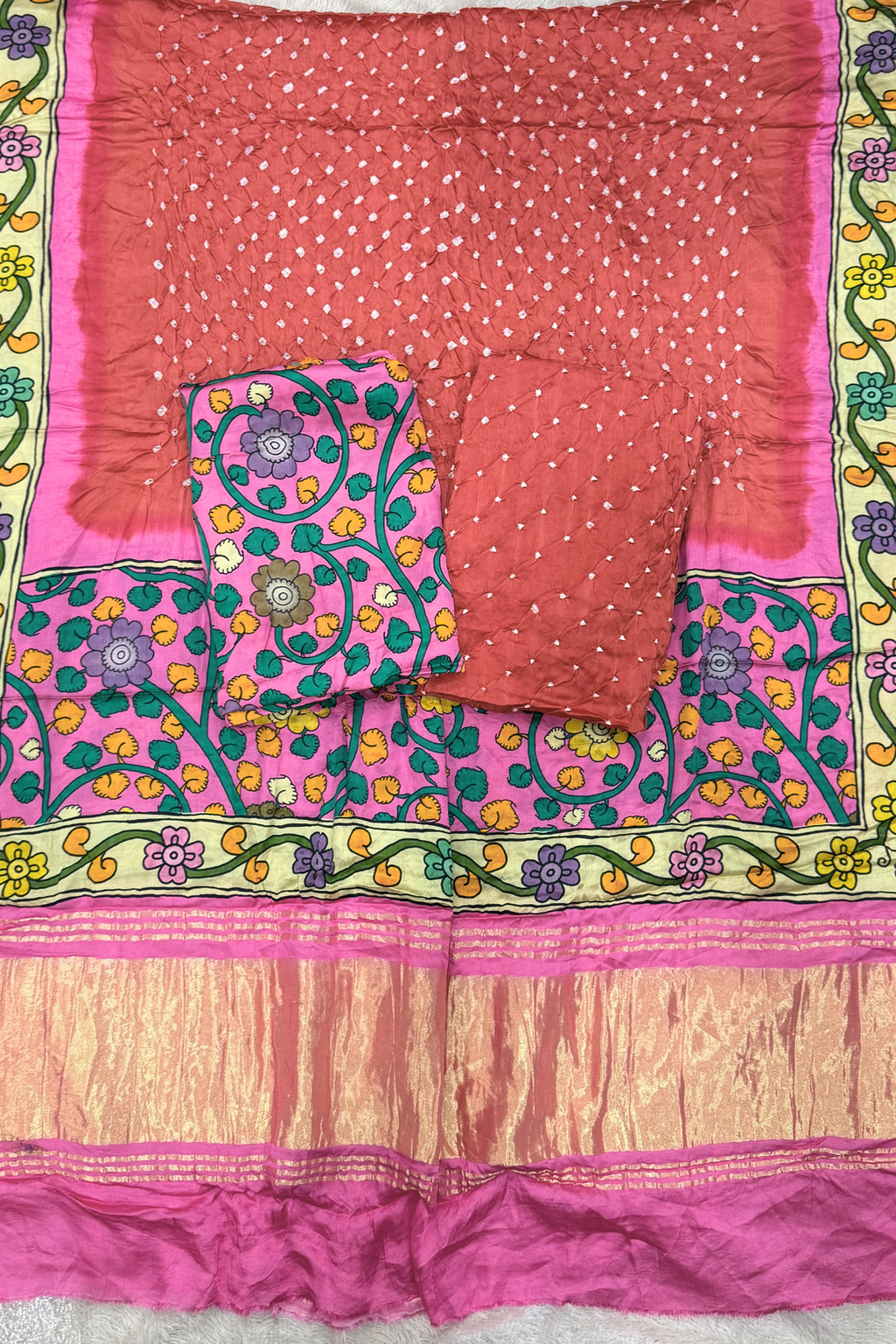 Bandhej With Kalamkari Print - 3 pc Unstiched Suit Set - Neon pink & Light red