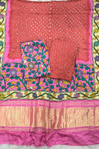Bandhej With Kalamkari Print - 3 pc Unstiched Suit Set - Neon pink & Light red