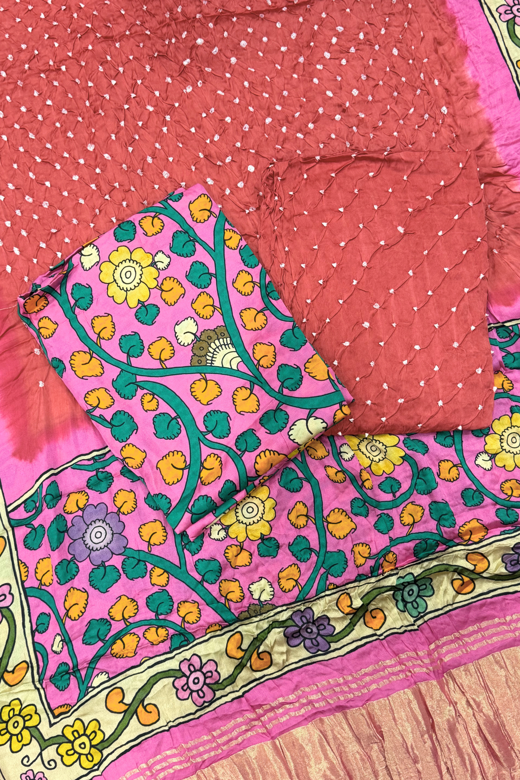 Bandhej With Kalamkari Print - 3 pc Unstiched Suit Set - Neon pink & Light red