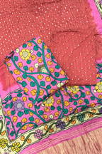 Bandhej With Kalamkari Print - 3 pc Unstiched Suit Set - Neon pink & Light red