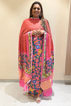 Bandhej With Kalamkari Print - 3 pc Unstiched Suit Set - Neon pink & Light red