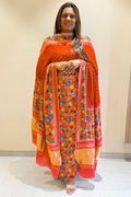 Bandhej With Kalamkari Print - 3 pc Unstiched Suit Set - Orange & Onion pink