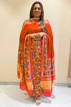 Bandhej With Kalamkari Print - 3 pc Unstiched Suit Set - Orange & Onion pink