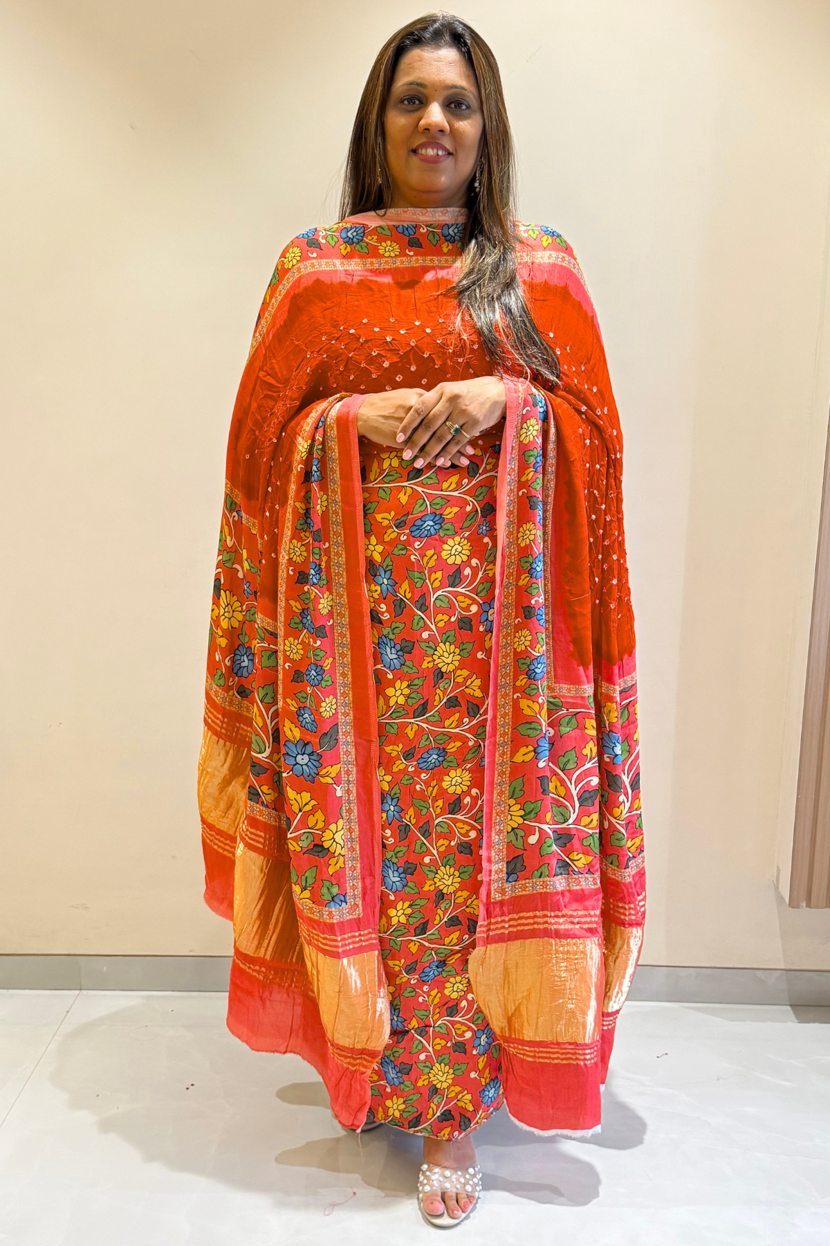 Bandhej With Kalamkari Print - 3 pc Unstiched Suit Set - Orange & Onion pink