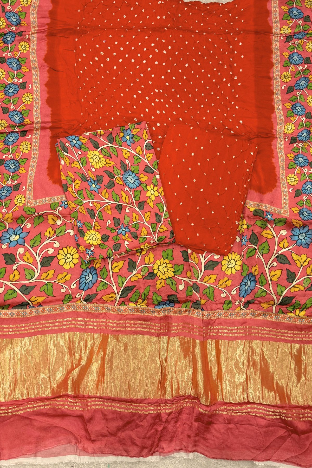 Bandhej With Kalamkari Print - 3 pc Unstiched Suit Set - Orange & Onion pink