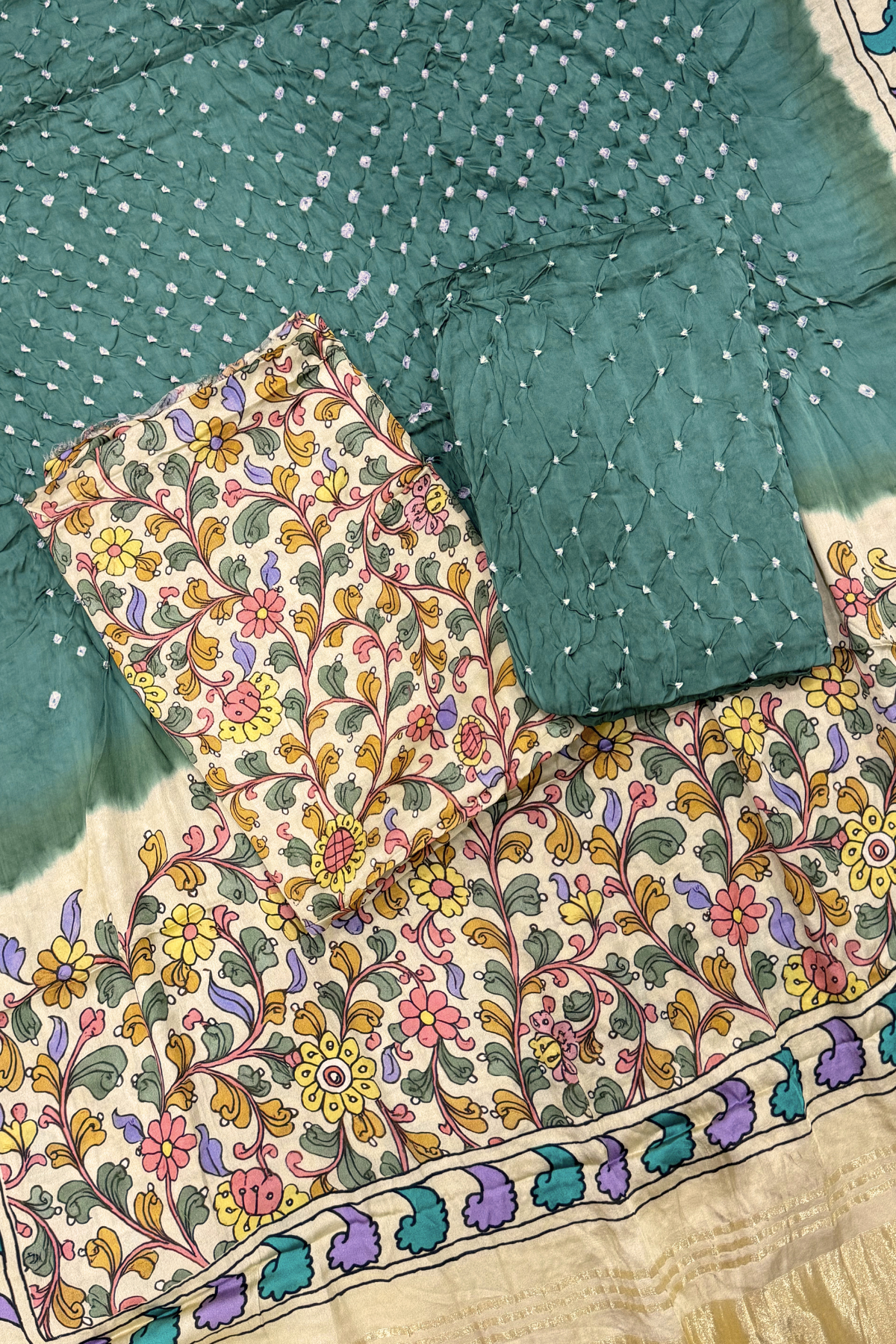 Bandhej With Kalamkari Print - 3 pc Unstiched Suit Set - dark sage & cream
