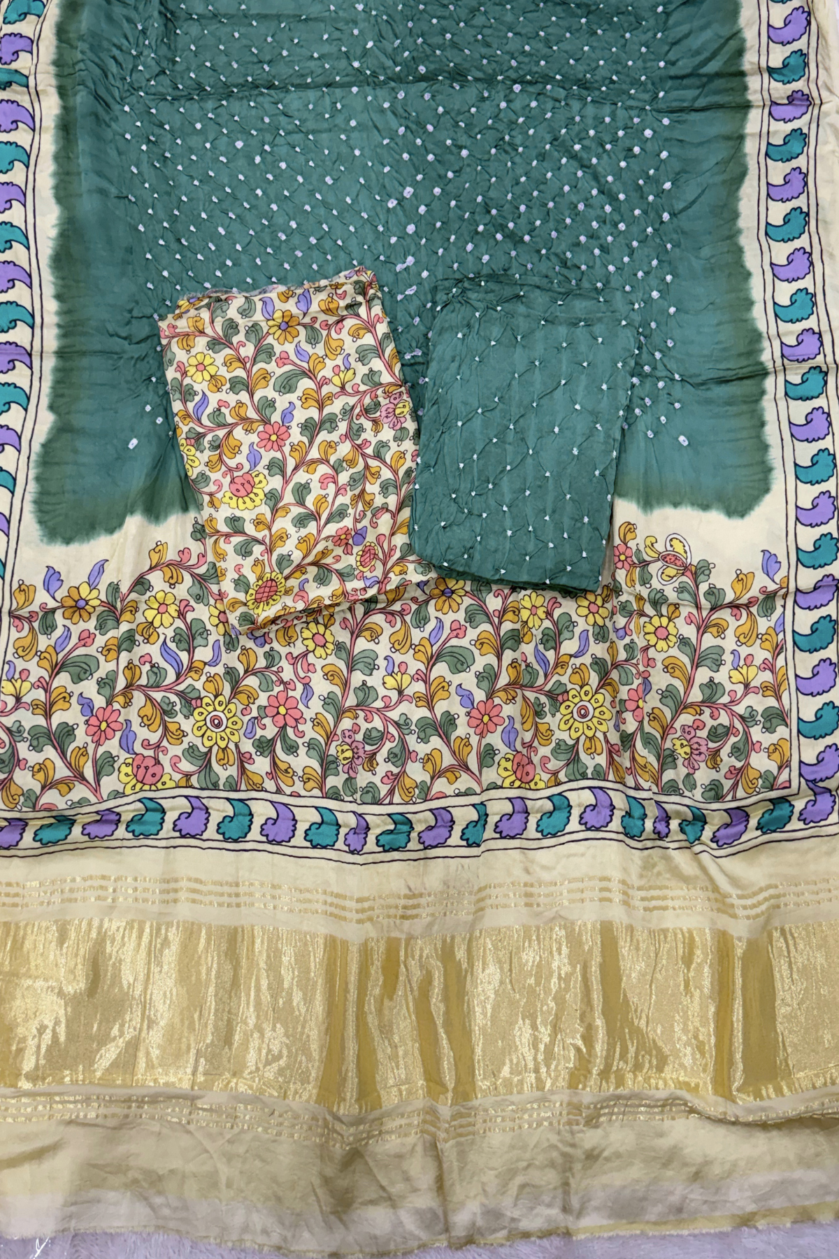 Bandhej With Kalamkari Print - 3 pc Unstiched Suit Set - dark sage & cream