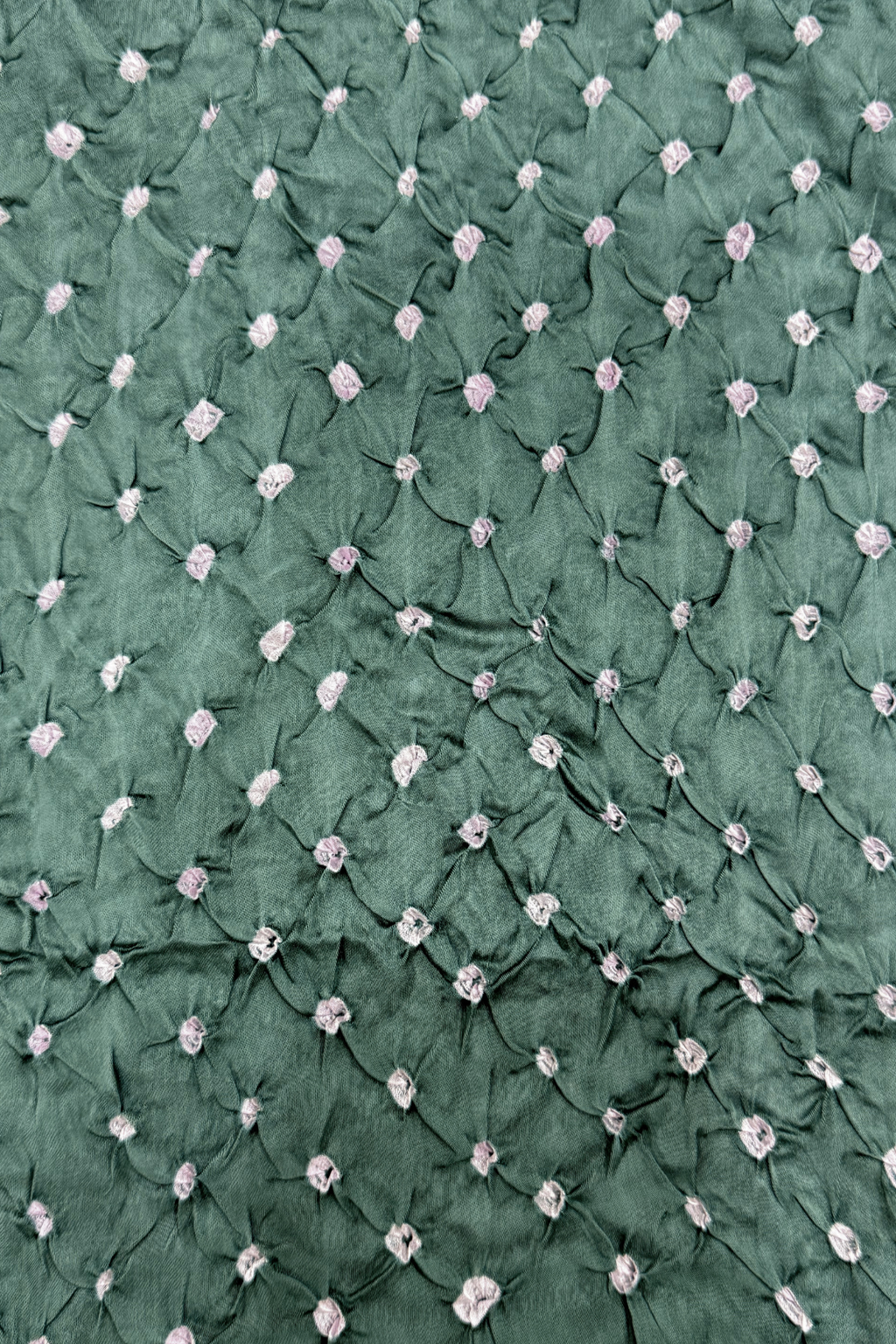 Bandhej With Kalamkari Print - 3 pc Unstiched Suit Set - dark sage & cream