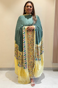 Bandhej With Kalamkari Print - 3 pc Unstiched Suit Set - dark sage & cream